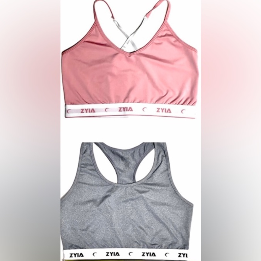 LOT OF 2 Zyia Sports Bras Comfort Racer Back Logo Band Cropped Tank PINK BLK MED